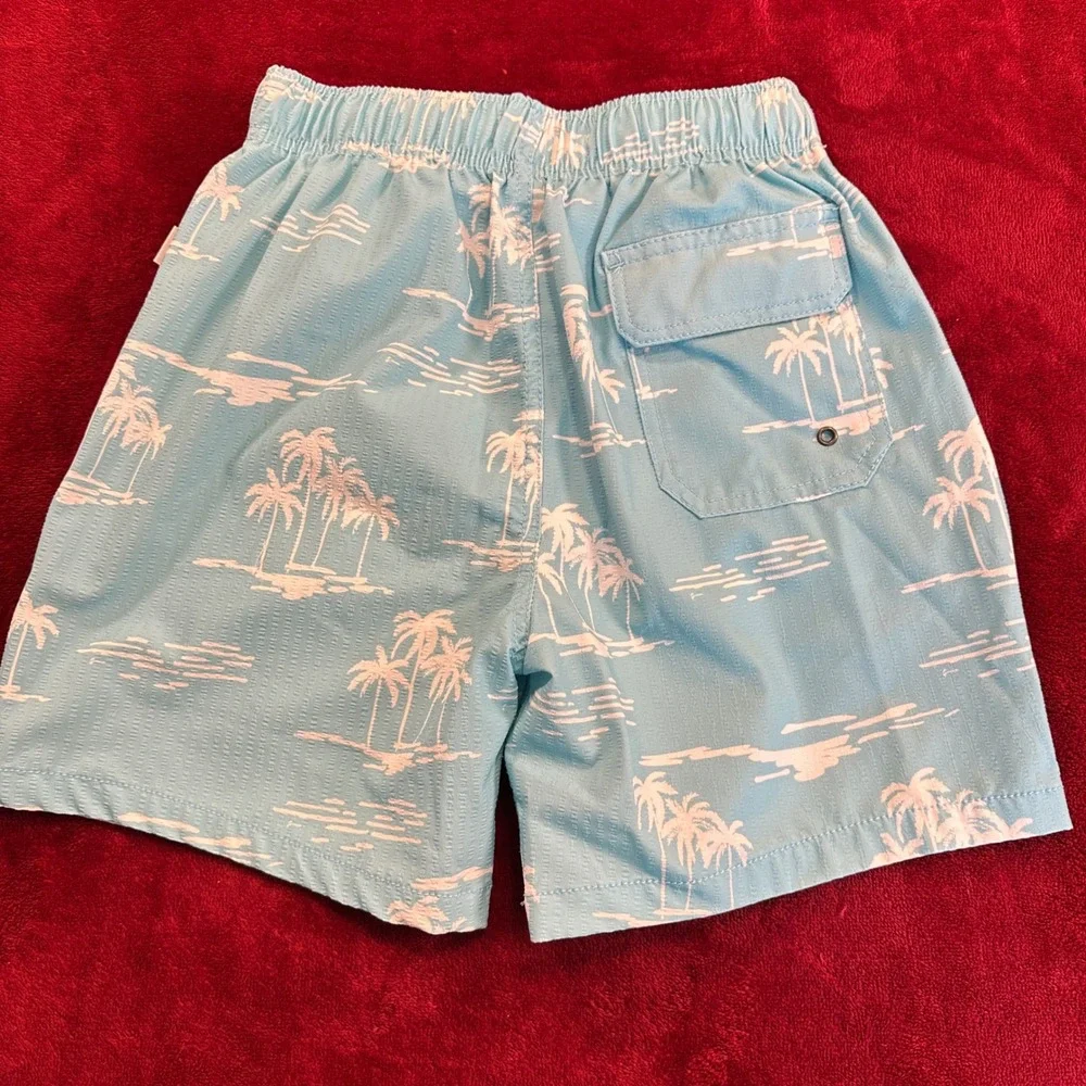 Vintage Summer Boys Blue Seersucker Palm‎ Tree Swim Trunks Size 12 V84509